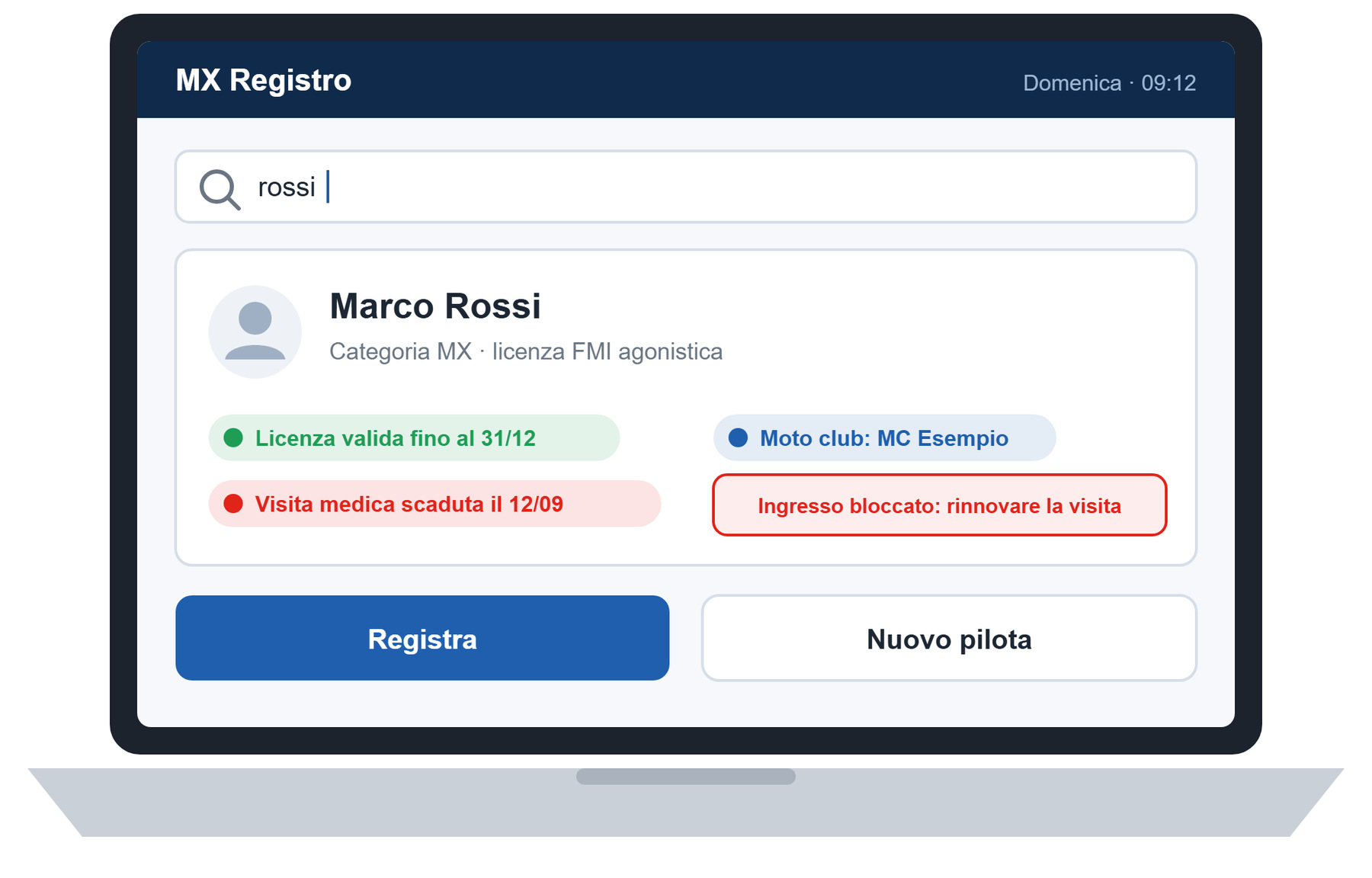 MX Registro: ricerca del pilota con controllo di licenza e visita medica