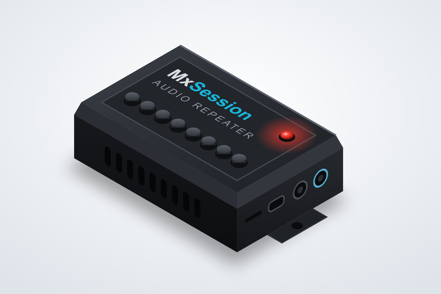 MxSession Audio Repeater: box nero con LED rosso di stato e otto tasti